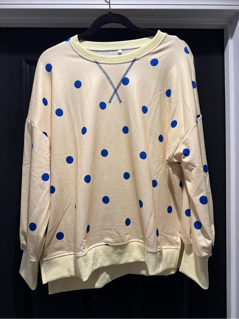 Butter Yellow Polka Dot Women's Pullover Sweatshirt with Blue Dots